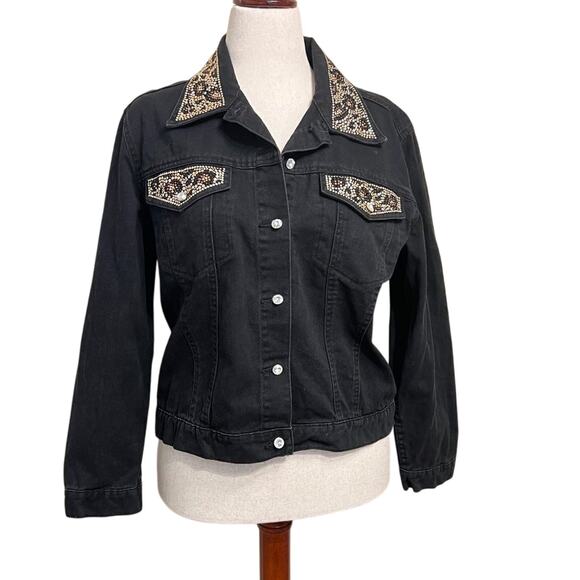Christine Alexander jacket black denim gold & brown beading & crystals  Sz L - Picture 1 of 14